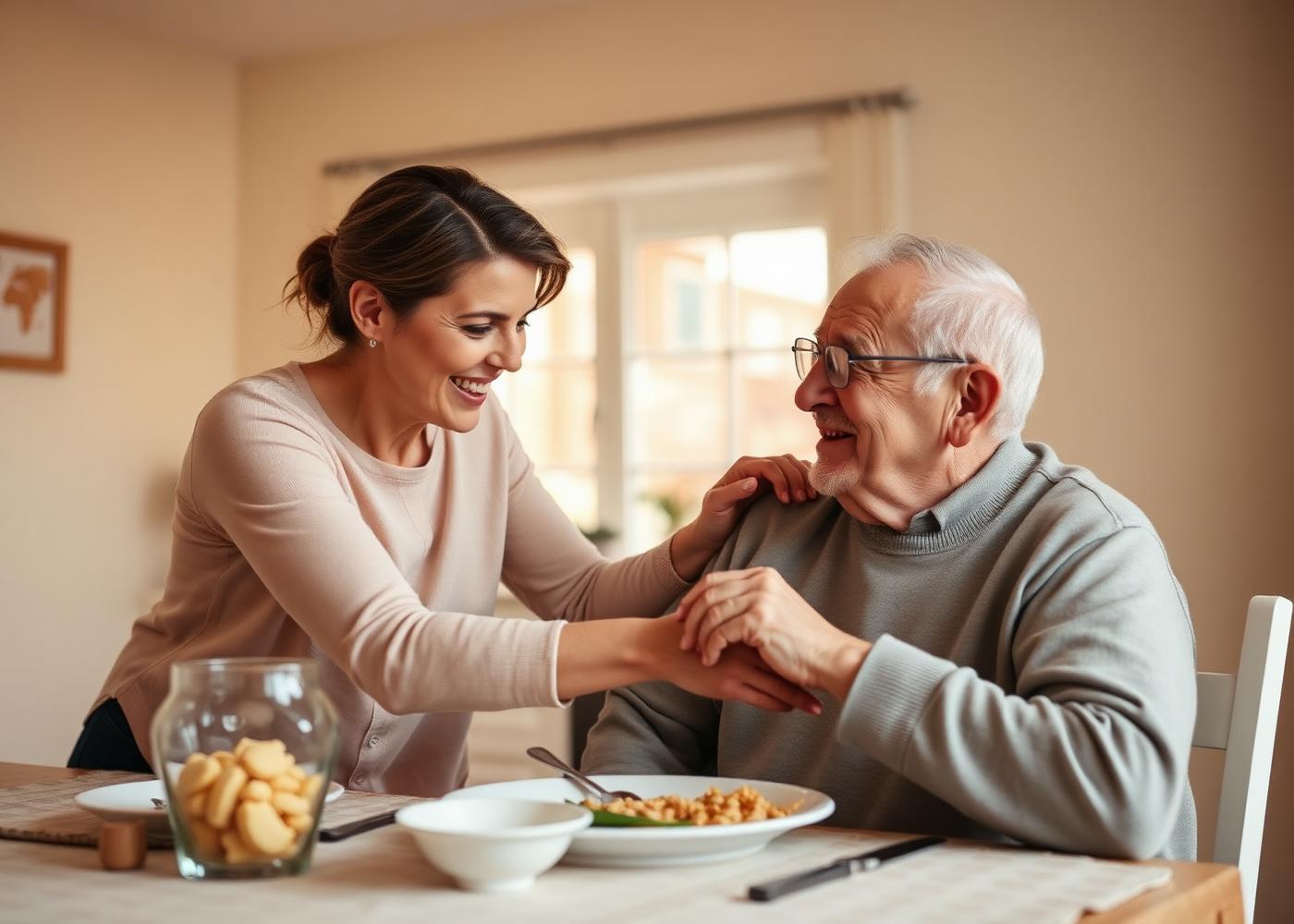 Adult daughter helping her father with lunch at a warmly lit dining table