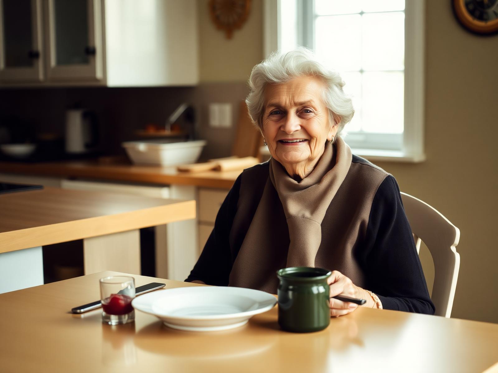 Older woman smiling at a sunlit kitchen table wearing a soft neutral Catchkin clothing protector